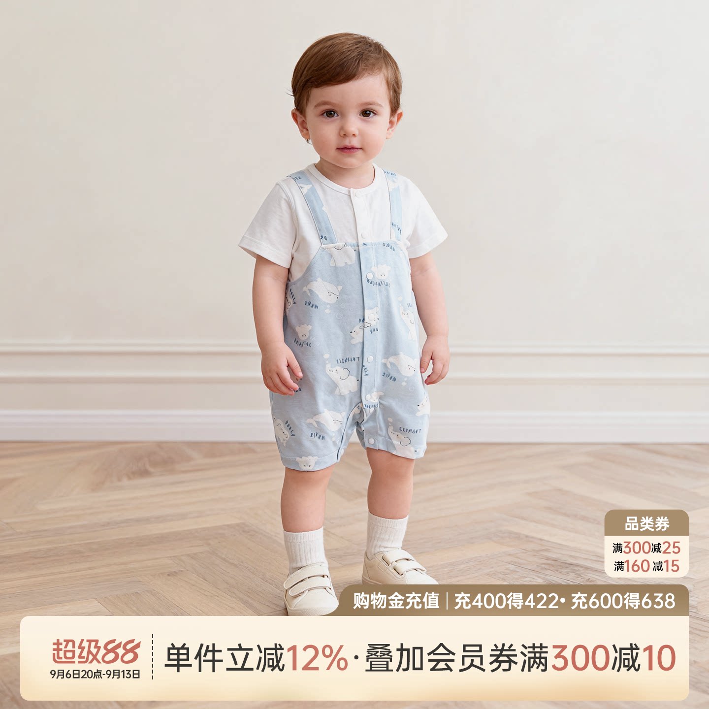 乖奇熊婴儿宝宝假两件短袖连体衣图片