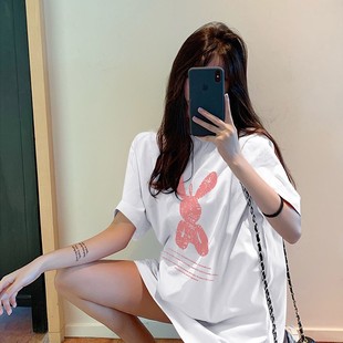 短袖 打底衫 女卡通ins圆领大码 T恤女上衣女装 中长款 夏季 宽松闺蜜装