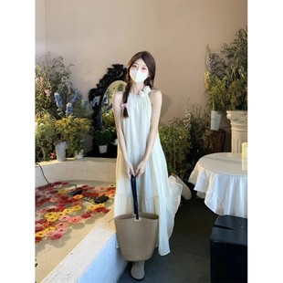 海边度假仙女裙气质显瘦字长裙 温柔风立体花朵挂脖连衣裙女夏季