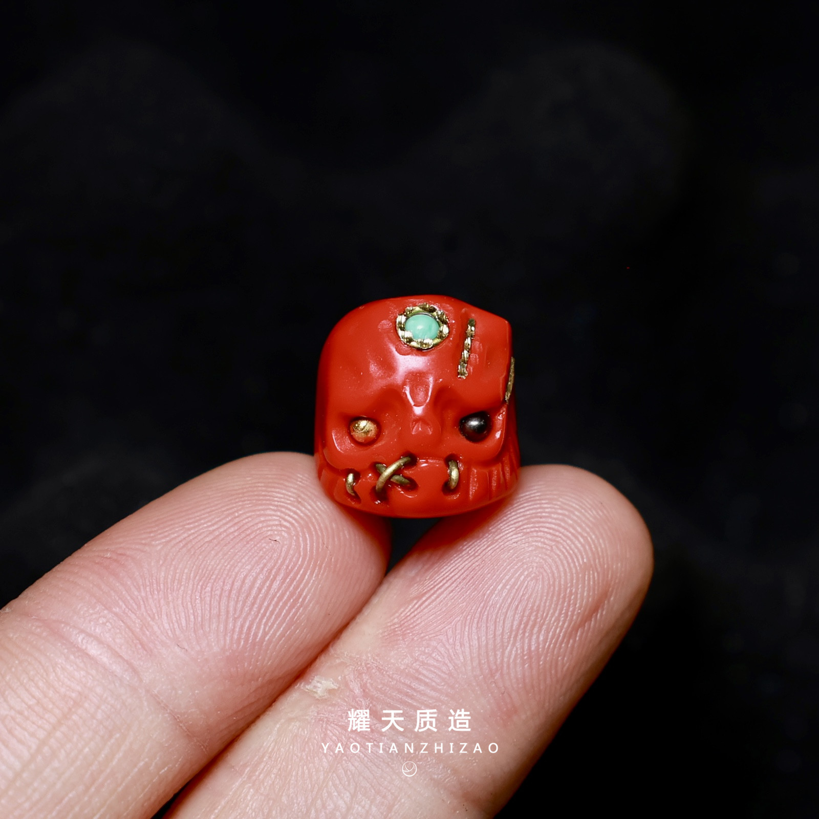 藏式红雪巴镶嵌红武士恶魔骷髅阿呆文玩手串配珠隔珠顶珠腰珠背云
