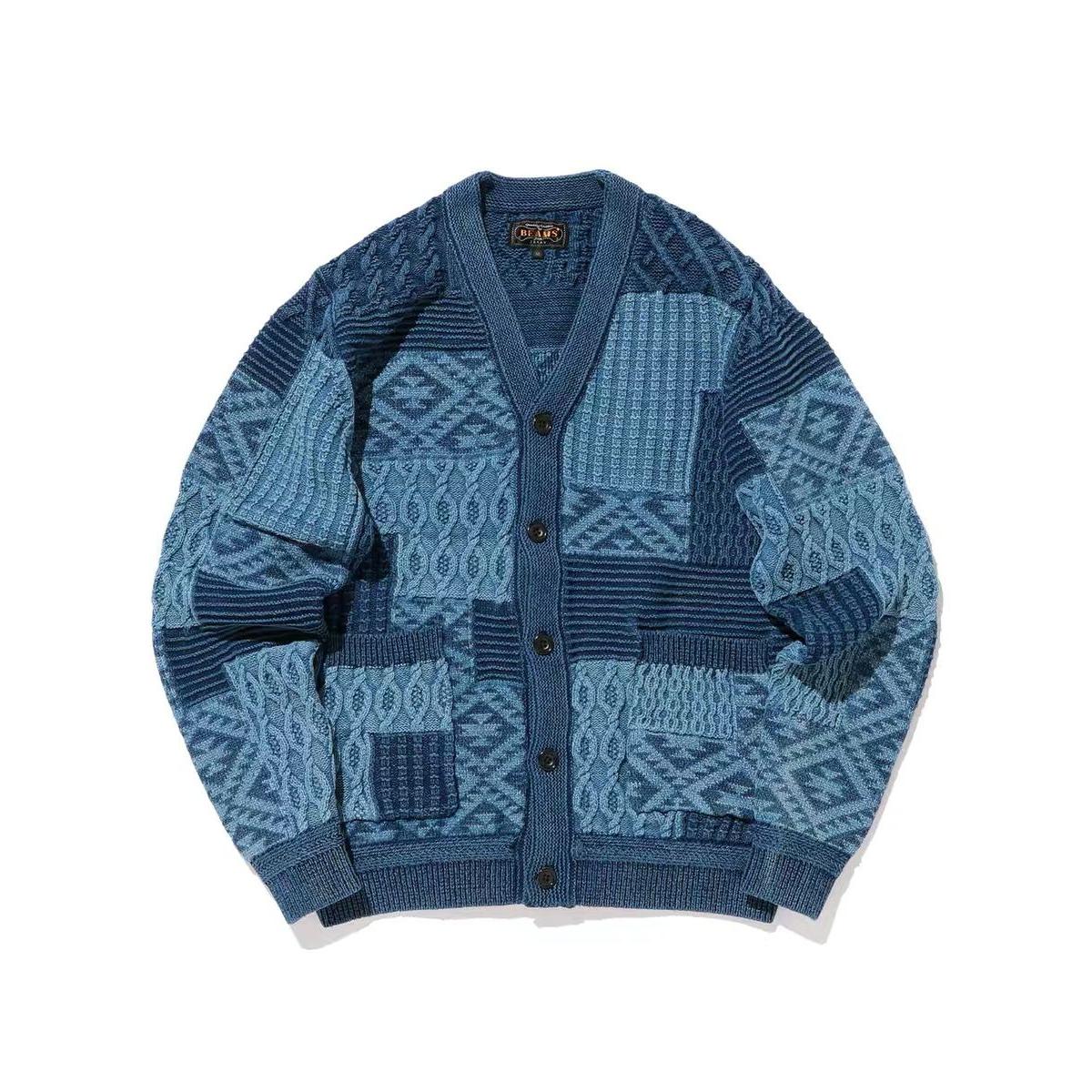 万年定番 BMS+Indigo复古蓝染刺子编制全棉长袖针织开衫毛衣男女