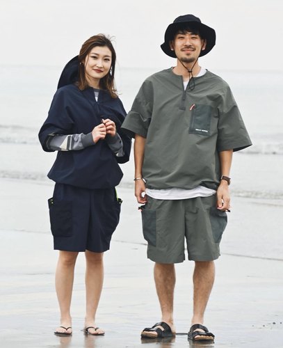 独家 双H日系防水机能户外水陆两用拉链口袋短袖T恤短裤套装男女