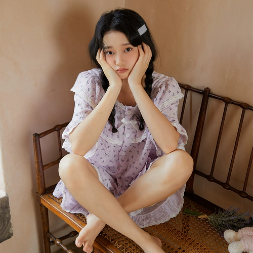 Сиреневая летняя тонкая пижама, хлопковые милые нарукавники, комплект, цветочный принт, короткий рукав