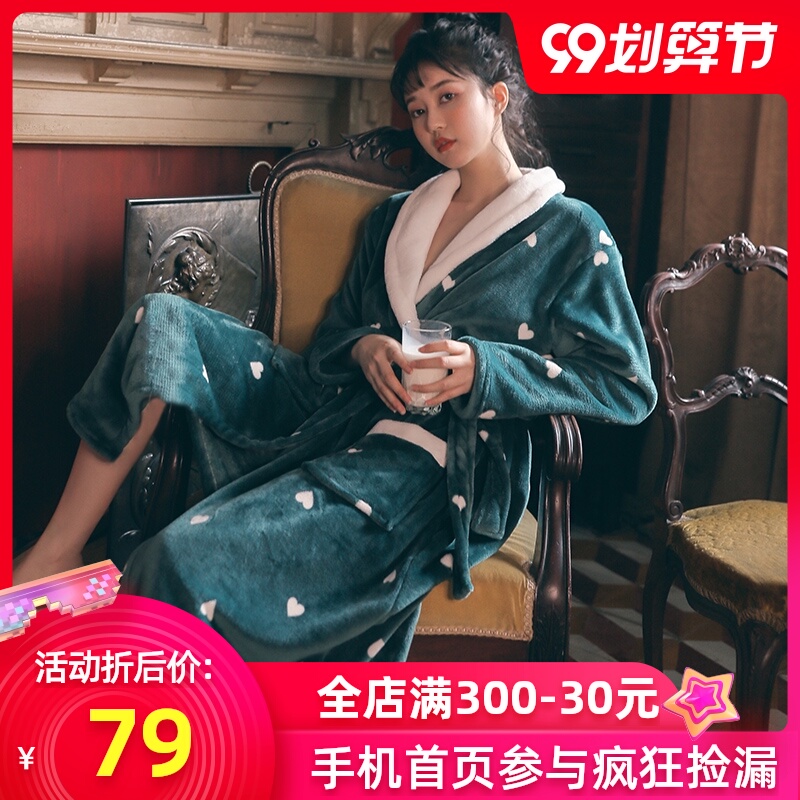 情侣珊瑚绒睡袍女秋冬季法兰绒浴袍加绒加厚加长款男士浴衣睡衣春