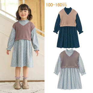 出口日本千趣童装纯棉华夫格女童连衣裙拼色碎花女宝宝长袖裙子