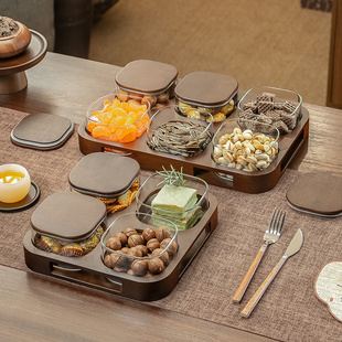 家用客厅茶几大容量密封带盖玻璃干果盘坚果零食糖果盘分格收纳盒