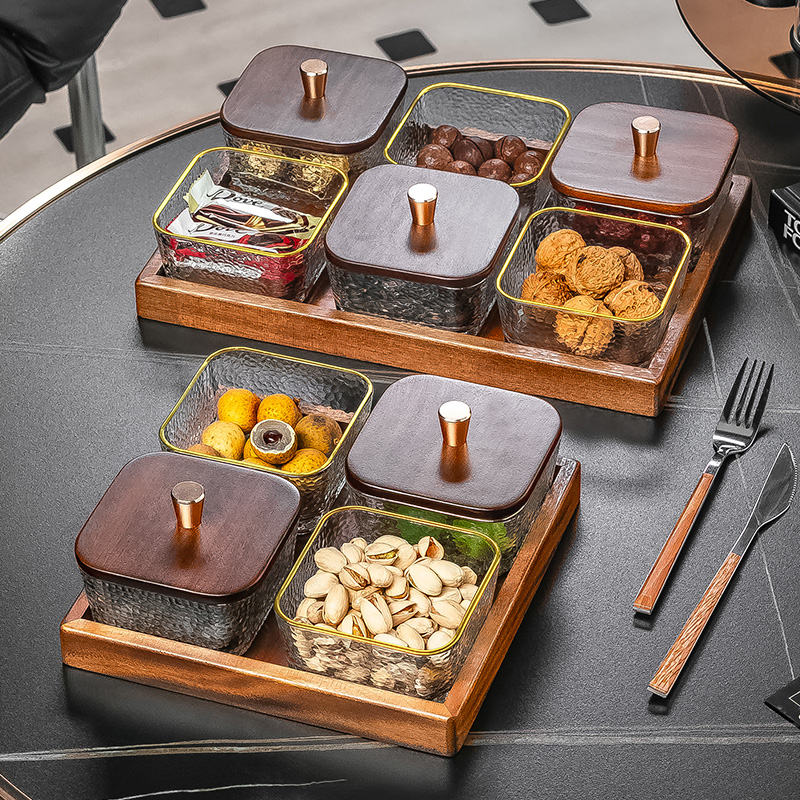 胡桃木轻奢高档玻璃果盘