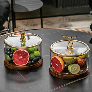 高级感中式带盖玻璃水果盘家用客厅茶几摆件干果盒糖果坚果收纳盘