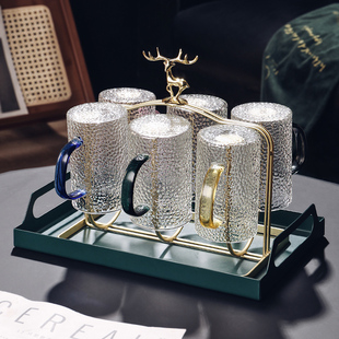 茶具 轻奢高级感锤纹玻璃杯家用客厅待客水杯茶杯家庭喝水杯子套装