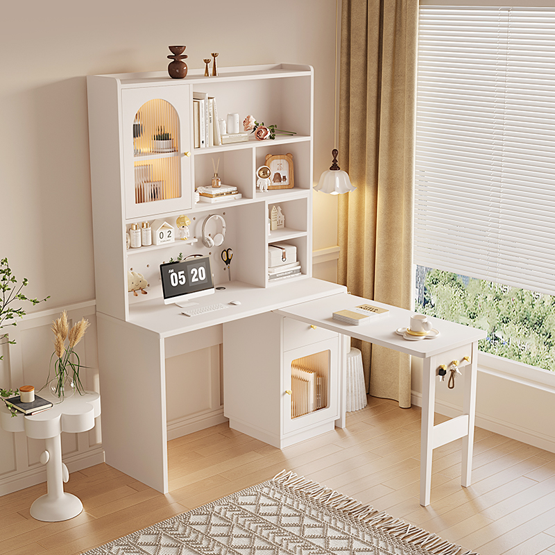 奶油风实木旋转书桌柜电脑桌现代简约学生学习桌家用转角桌小户型