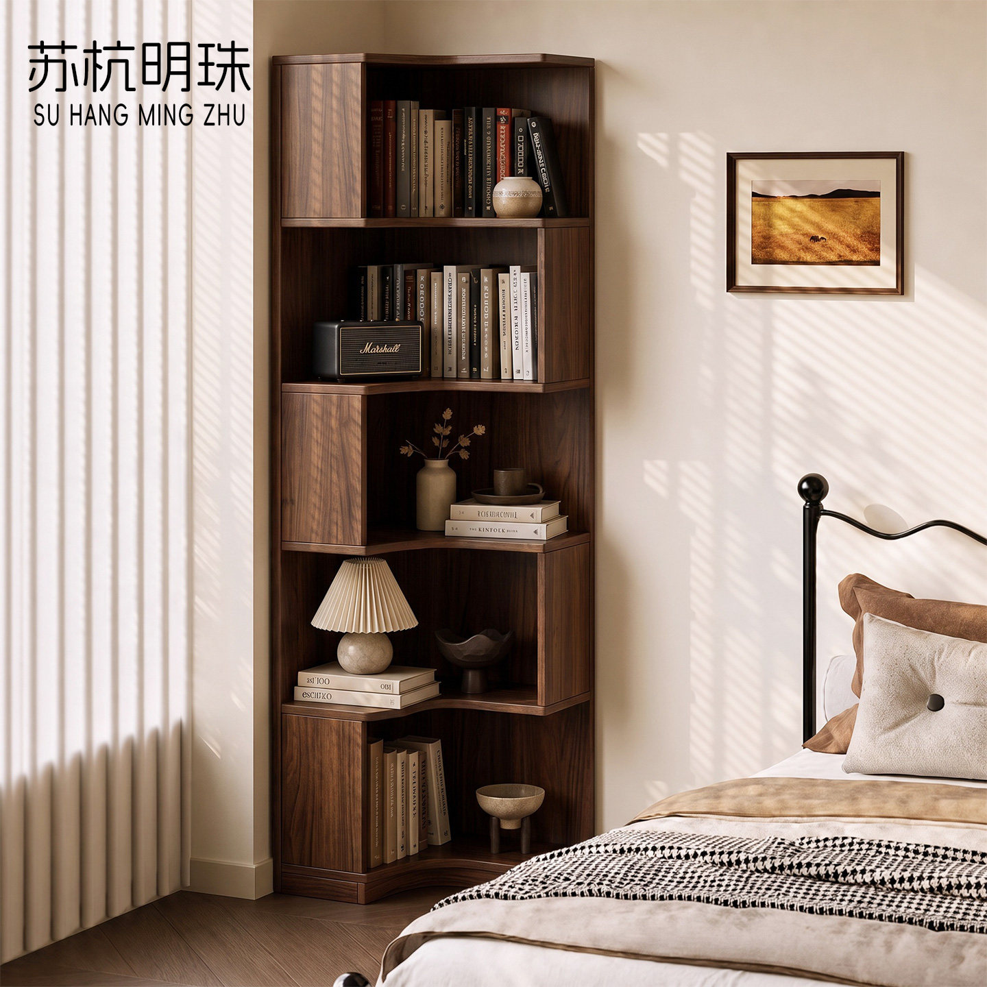 中古风实木转角落地多层书架