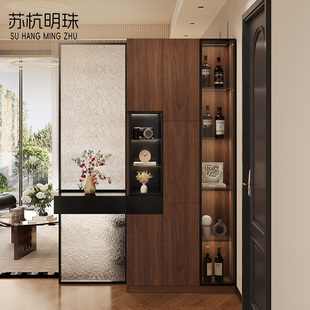 鞋柜玄关柜一体入户隔断柜客厅双面中古风屏风柜实木入门门口新款