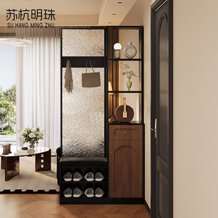 实木玄关柜中古风玻璃屏风换鞋凳鞋柜展示柜挂衣帽钩收纳柜家用