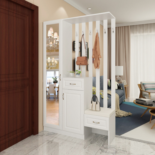 奶油风玄关靠墙一体鞋柜家用门口隔断进门玄关柜带镜子挂衣帽架