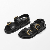 卡扣罗马凉鞋 Sam Weitzman真皮一字带皮带扣露趾真皮厚底鞋 女