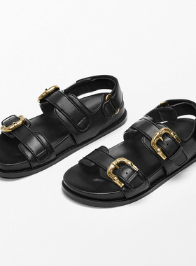 Sam Weitzman真皮一字带皮带扣露趾真皮厚底鞋卡扣罗马凉鞋女