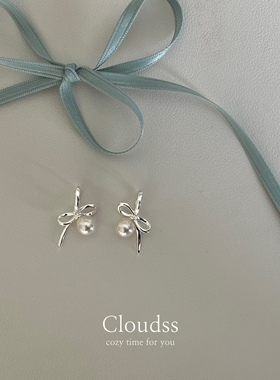 Cloudss 「芭蕾蝴蝶结」珍珠黑玛瑙纯银耳钉