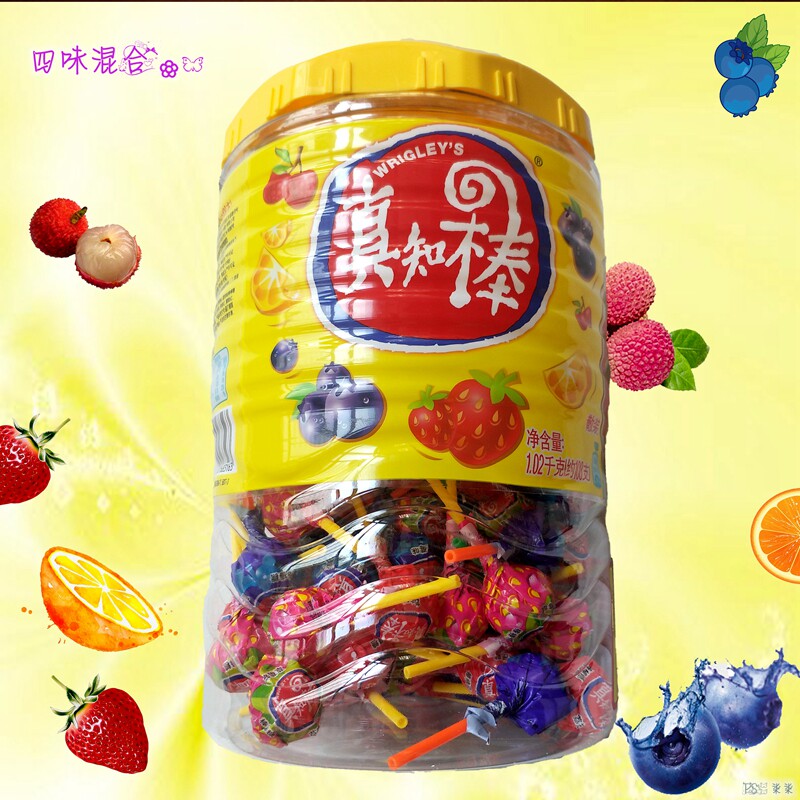 真知棒 棒棒糖混合果味约108支桶装荔枝蓝莓香橙草莓怀旧糖果零食