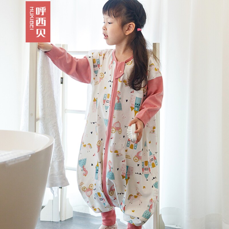 呼西贝女宝连体睡衣家居服无骨定染印花撞色女童趣味南瓜公主睡袋