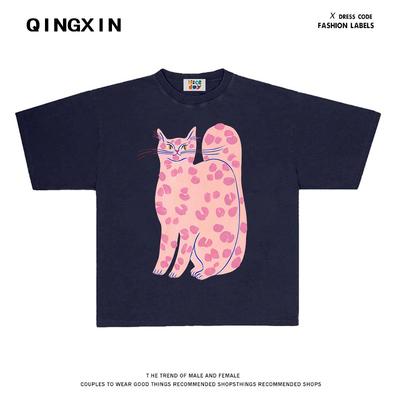 QINGXIN 美式艺术猫咪小众设计感潮短袖t恤衣高级感vibe风tee