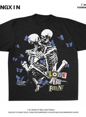 The Skeleton's Love 美式高街创意骷髅骨架男女短袖复古潮牌t恤