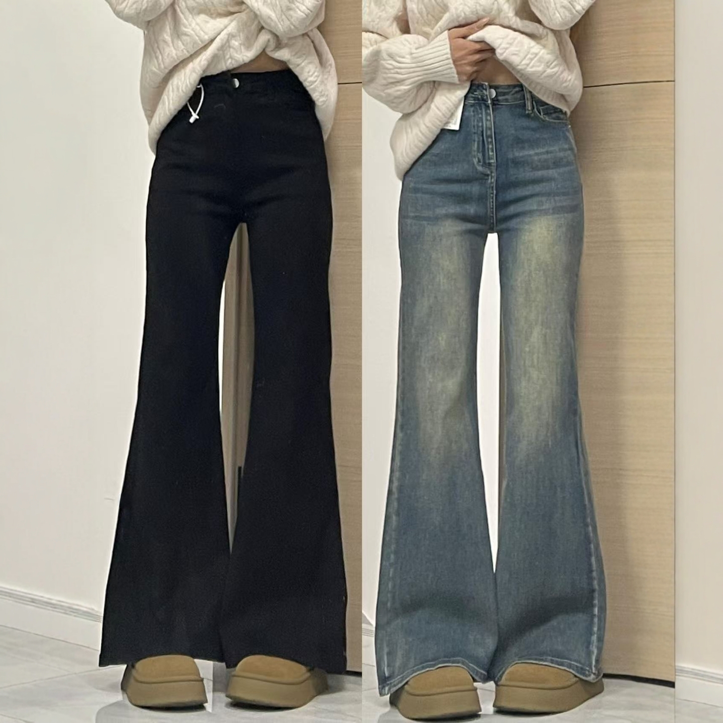 复古微喇牛仔裤女秋冬加绒微胖穿搭胖mm弹力显瘦拖地喇叭马蹄裤子