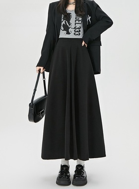 黑色西装半身裙女微胖穿搭胖妹妹mm宽松显瘦遮胯垂坠感伯克利伞裙
