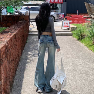 美式复古不贴腿微喇牛仔裤女弹力显瘦高腰遮肚修身直筒拖地喇叭裤