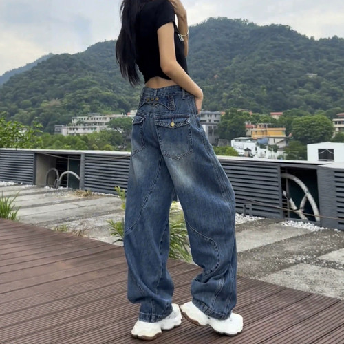 巴黎腰扣宽松遮胯显瘦阔腿牛仔裤