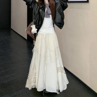 不规则蕾丝拼接白色半身裙女重工伯克利仙女风镂空网纱蛋糕长裙