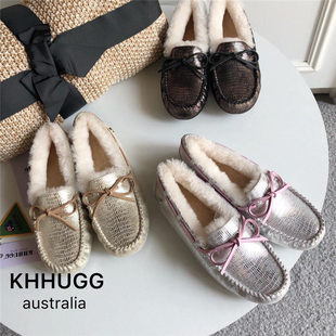 KHHUGG豆豆鞋女冬加绒 厚底棉鞋2023年新款真皮毛一体百搭KHΗUGG