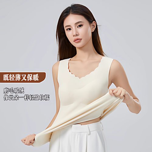 秋冬磨毛保暖背心女带胸垫