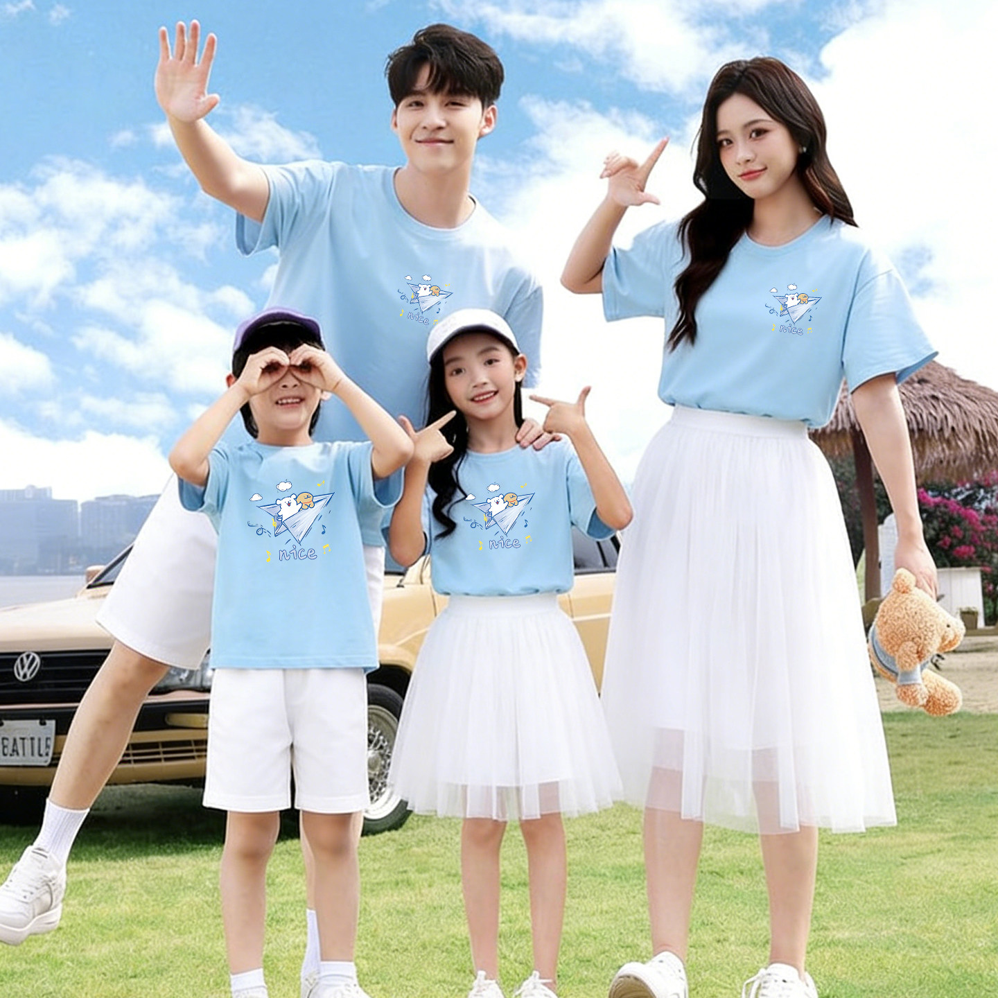 度假T恤全家装高级休闲亲子短袖一家三口四口夏季纯棉拍照出游装