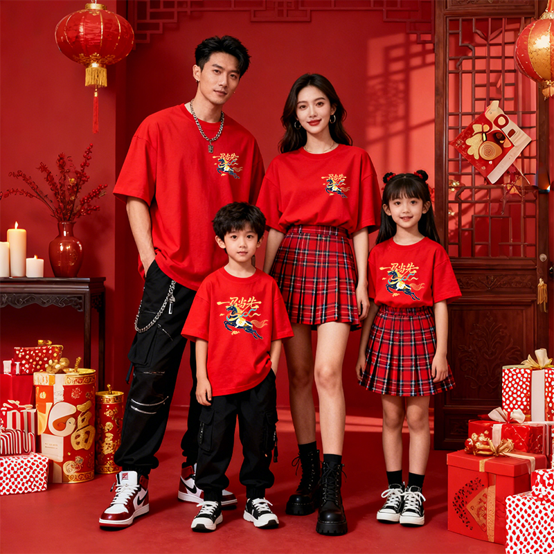 2026新年亲子一家三口四口亲子装短袖T恤红色过年聚会拍照全家福