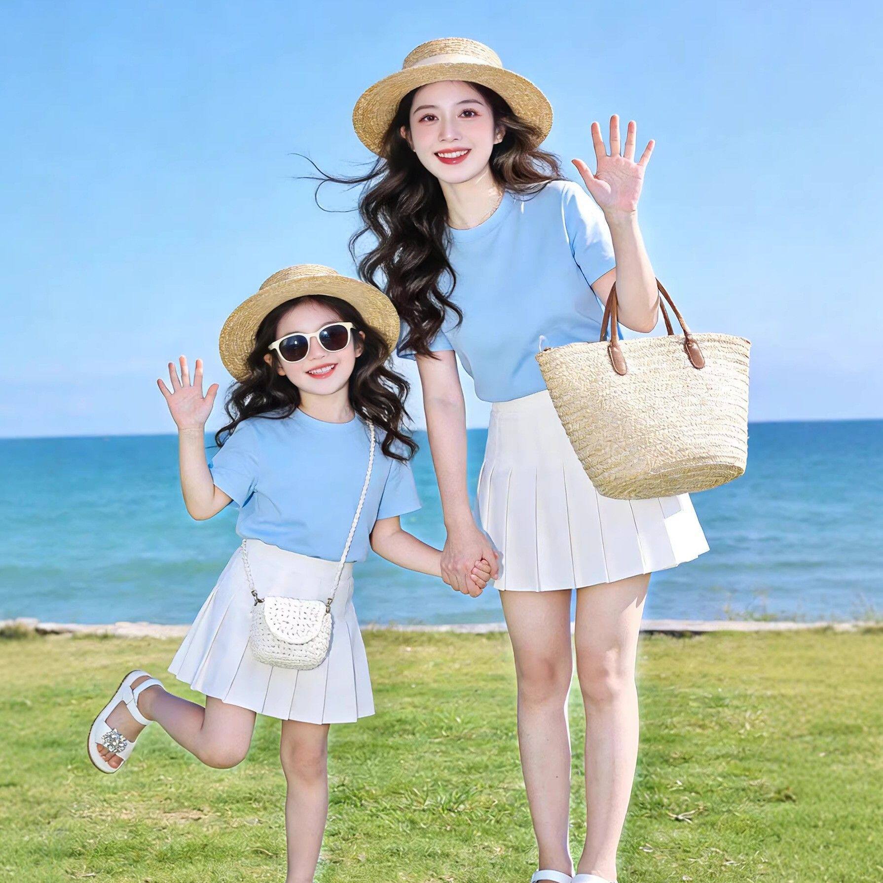 亲子装母女百褶裙夏季韩系INS风防走光短裙海边度假百搭JK套装