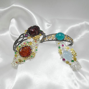 原创设计夸张宝石开口手镯天然石血珀海蓝宝石榴石天河石手环4956