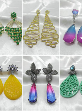 进口宝石耳钉夸张耳环复古轻奢设计花朵扇形菱形椭圆耳饰品452003