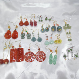 天然石耳钉和田玉翡翠蜜蜡珍珠蝴蝶流苏花朵复古耳环原创设计5363