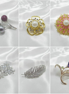 大厂尾货花朵仿珍珠胸针韩版亚光锆石水钻羽毛胸花雪花插针422004
