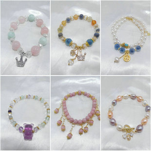 天然石水晶抽拉绳手链粉晶玛瑙珍珠天河石松紧手镯原创设计519004