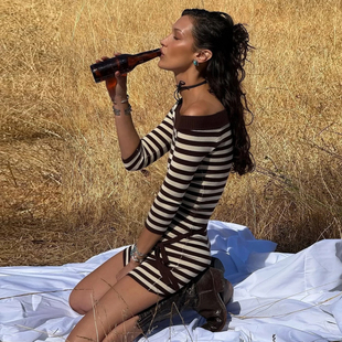 针织衫 露肩长袖 短裙腰带包臀连衣裙 性感复古一字肩修身 Bella同款