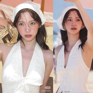 欧阳娜娜同款纯欲风法式甜美修身短款收腰蝴蝶结系带挂脖吊带背心