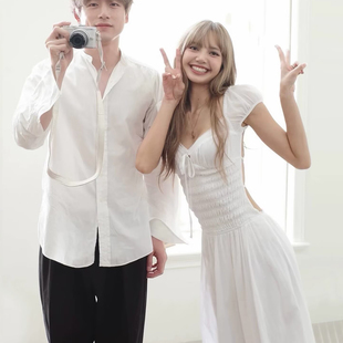 Lisa同款 V领系带露背高腰长裙海岛旅游度假风大裙摆白色连衣裙夏