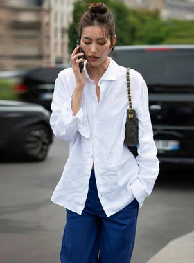 刘雯方圆同款宽松白色棉麻衬衫女薄款长袖外套新款春秋季上衣包邮