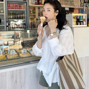 宋慧乔同款白色衬衫女宽松薄款长袖竖条纹衬衣防晒上衣外套100%棉