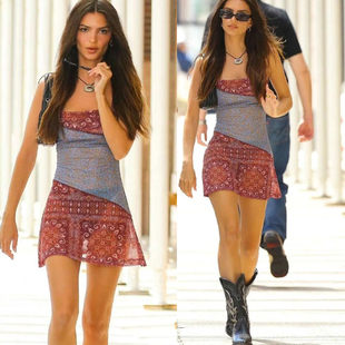 网纱背心连衣裙女夏吊带短裙 辣妹碎花拼接撞色修身 Emily同款 美式