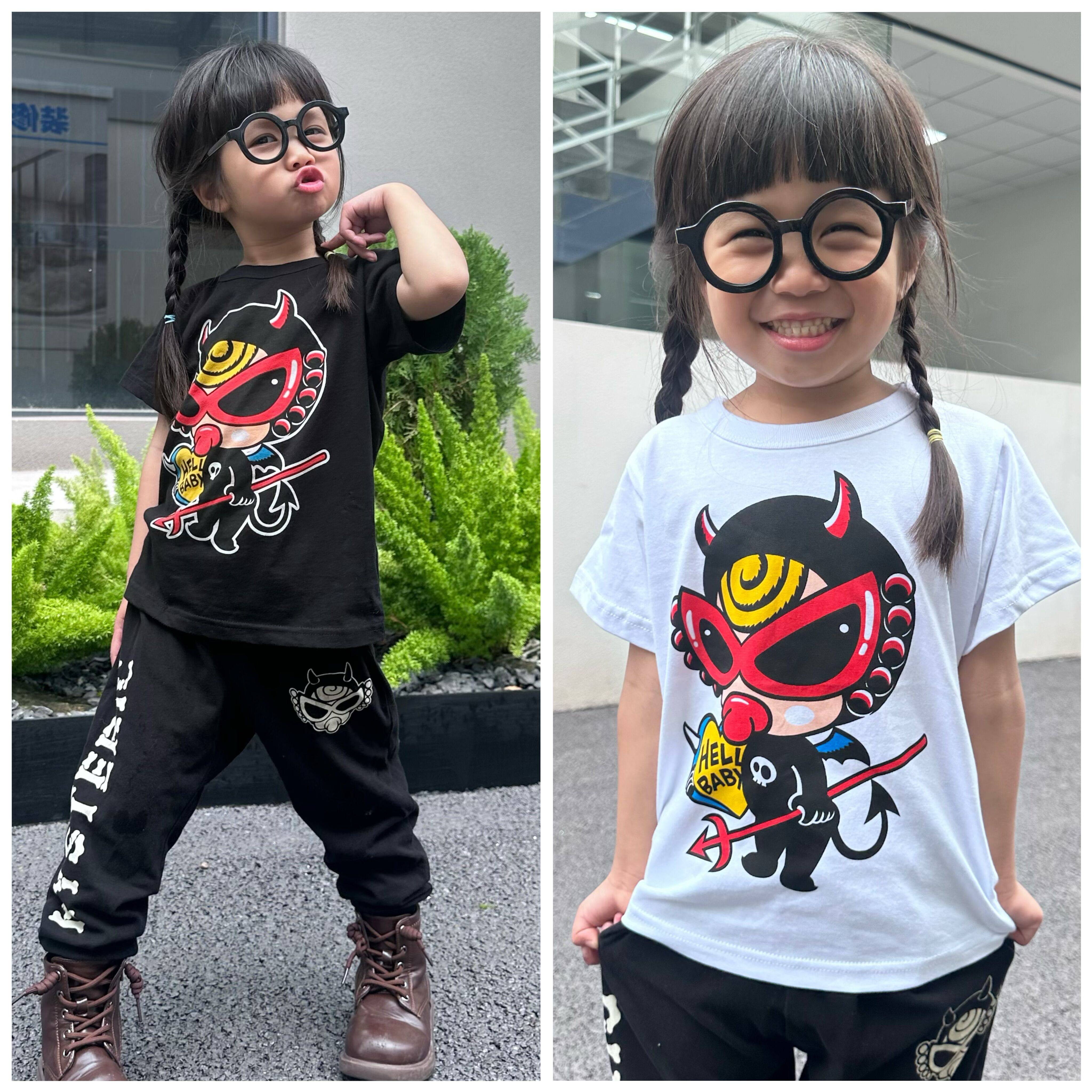 闲闲潮童 黑超奶嘴日系儿童小恶魔短袖t恤男女童宝宝卡通上衣夏款