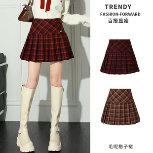 高腰格纹百褶裙女秋冬复古显瘦学院风半身裙百搭毛呢格子短裙