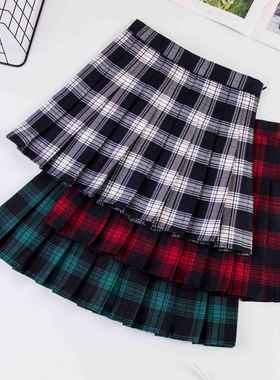 红色格子百褶裙女秋冬a字裙大码高腰绿色短裙显瘦韩式半身裙短款