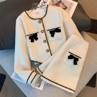 时尚 2023年新款 洋气高级感半身裙两件套 女秋冬季 白色小香风套装